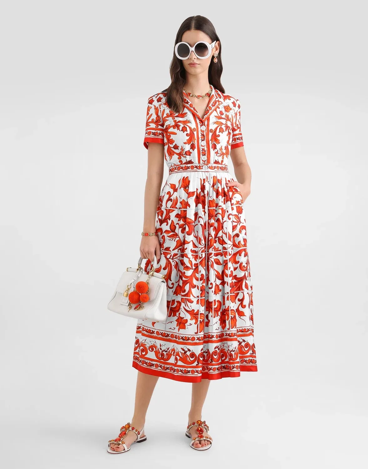 Платье из твила с принтом «Майолика» DOLCE & GABBANA, бежевый — фото 2