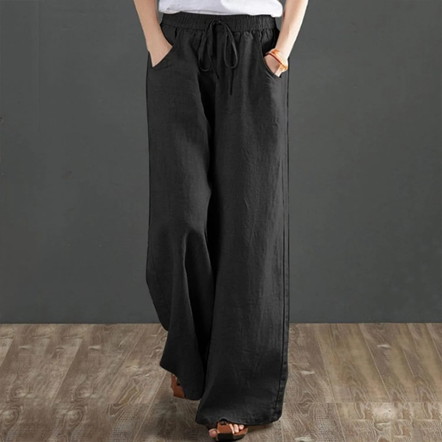 Простая льняная брюки Casual Solid из льна и хлопка повседневные женские штаны свободные хлопковые брюки Jean Women Generic, черный — фото 2