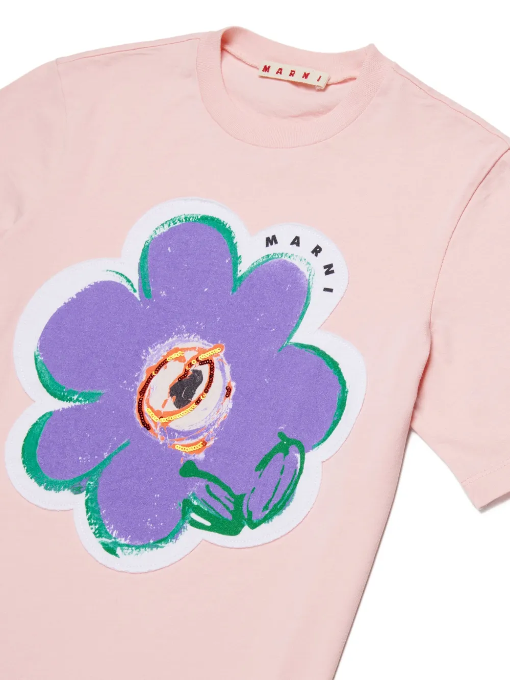Футболка с вышитым логотипом и аппликацией Marni Kids, розовый — фото 3