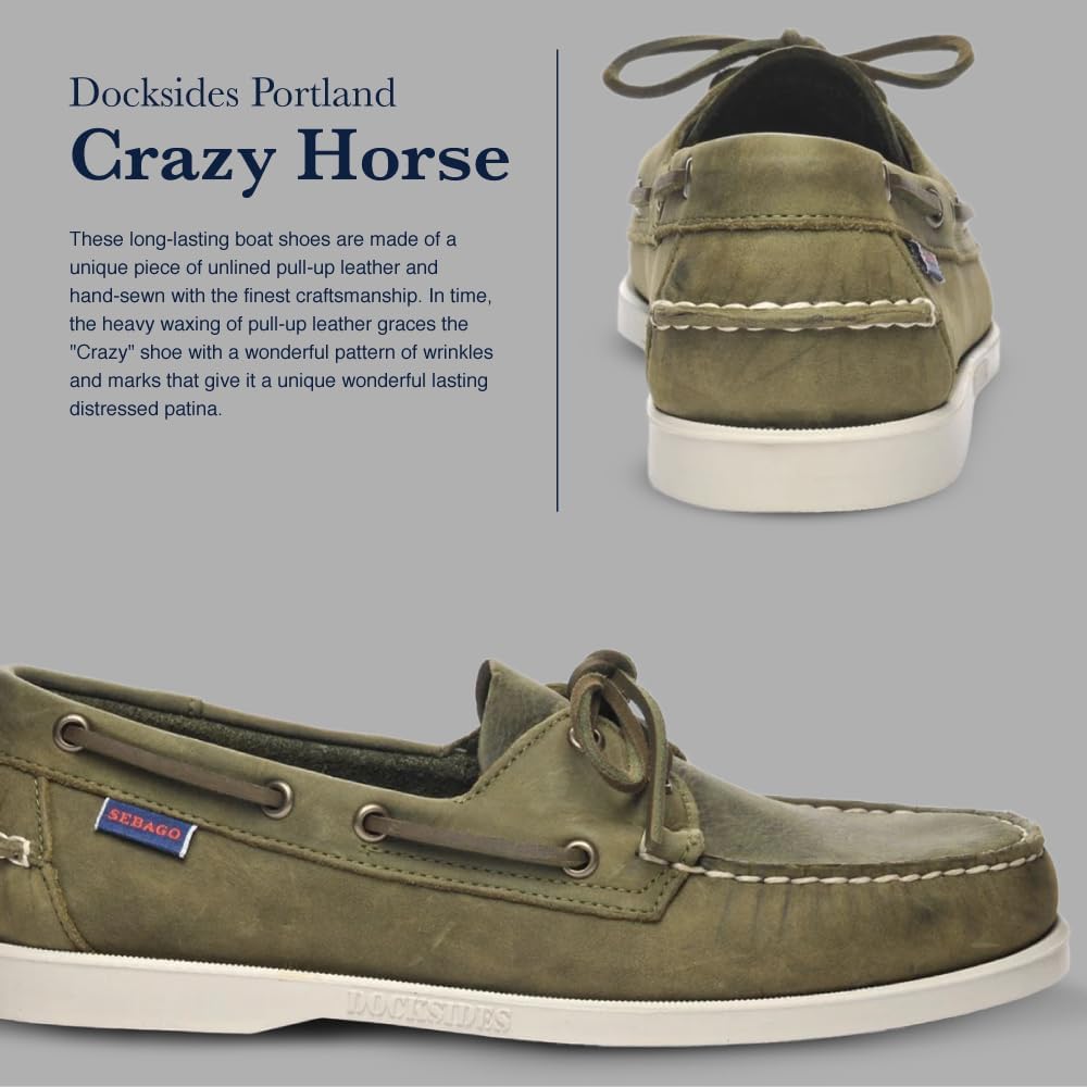Мокасины Sebago Portland Crazy H - с узорчатой и искусственно состаренной вощеной кожей, подкладкой из кожи и резиновой подошвой, не оставляющей следов и не скользящей, Euro Green Military — фото 4