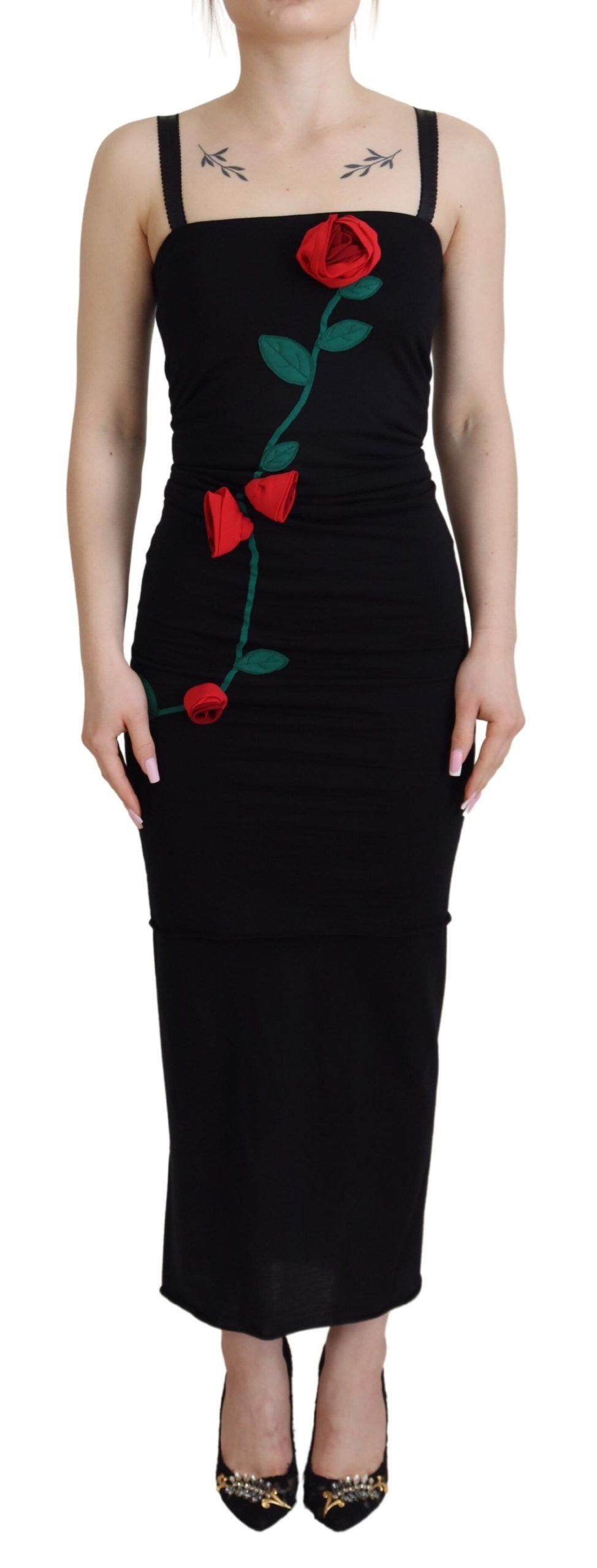 

Элегантное вышитое шерстяное облегающее платье Dolce & Gabbana, черный