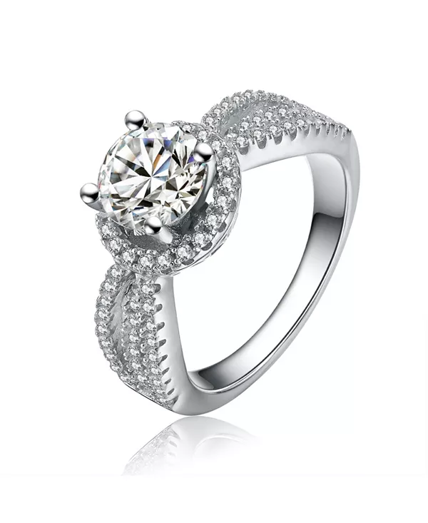 

Кольцо с вечной гарантией из стерлингового серебра, покрытого белым золотом, с кубическим цирконием круглой огранки и ореолом Genevive, silver