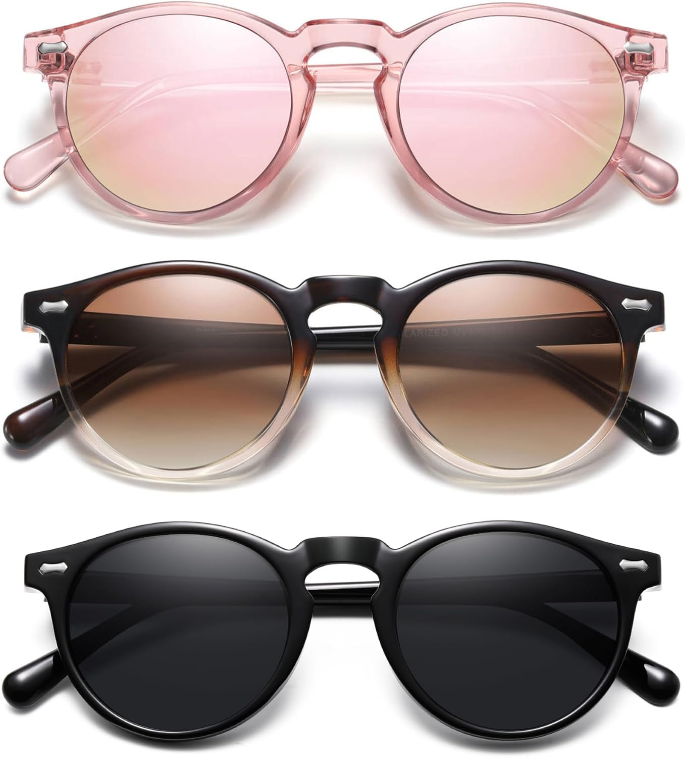 

Ретро маленькие круглые поляризованные солнцезащитные очки для женщин в винтажном стиле, защита от УФ-излучения YMRFW, 3pack (Black/Gray+clear Pink/Pink Mirror+brown Gradient Frame/Brown Gradient Lens)