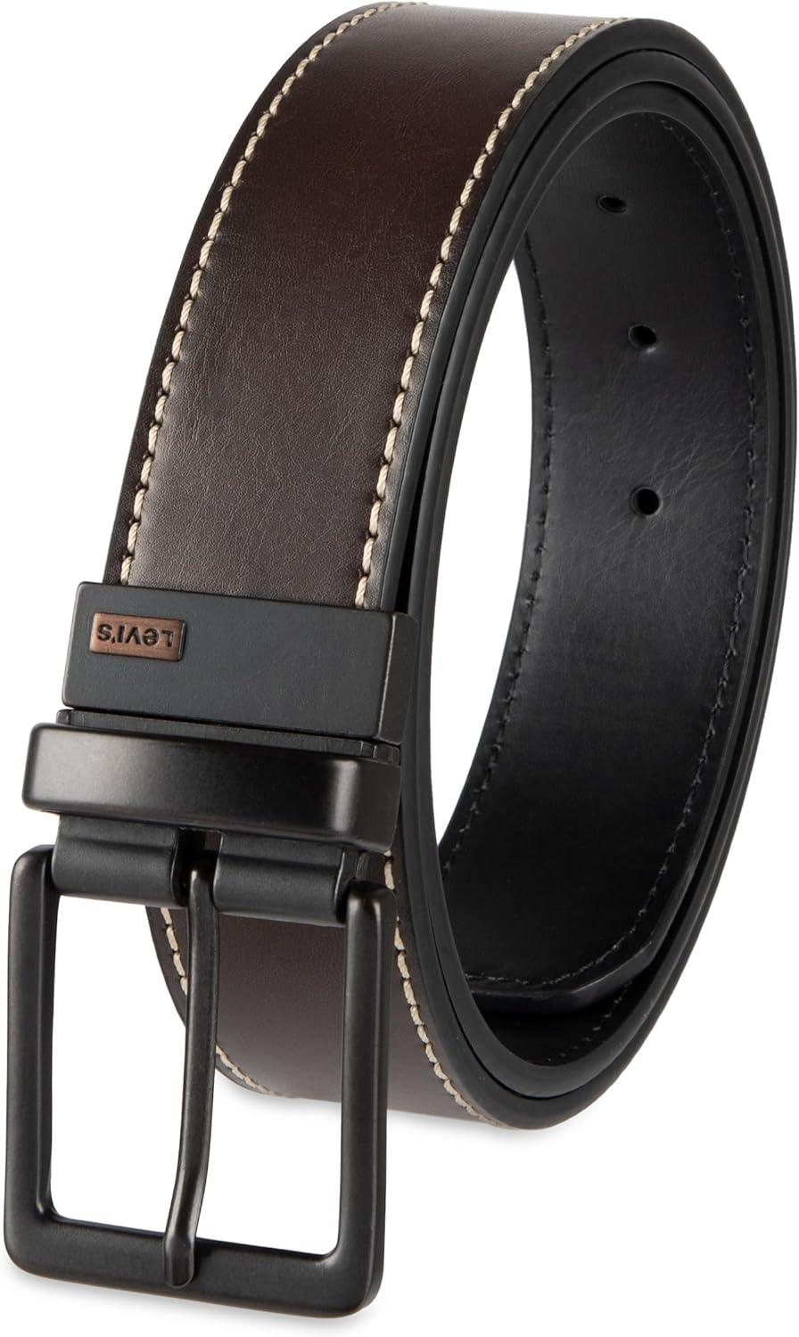 

Мужской двусторонний ремень Levi's 2-в-1 - повседневный джинсовый стиль (стандартные размеры, а также размеры для больших и высоких женщин), Brown/Black Logo Buckle