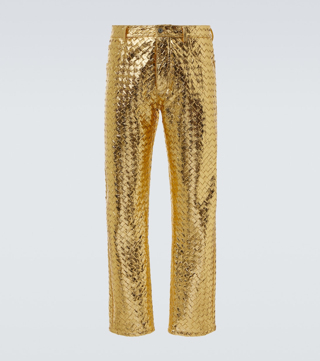 

Прямые брюки из металлизированной кожи Intrecciato Bottega Veneta, Metallic Gold