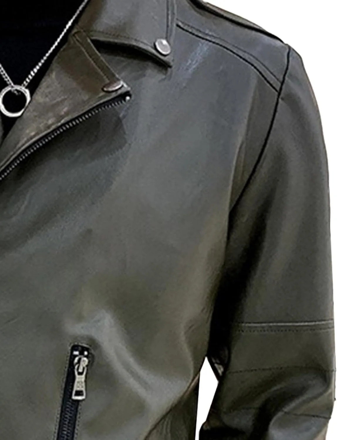 Мужская куртка-бомбер в стиле панк-байкер с двойным поясом, Slim Fit, из искусственной кожи для мотоциклистов Generic, зеленый — фото 4