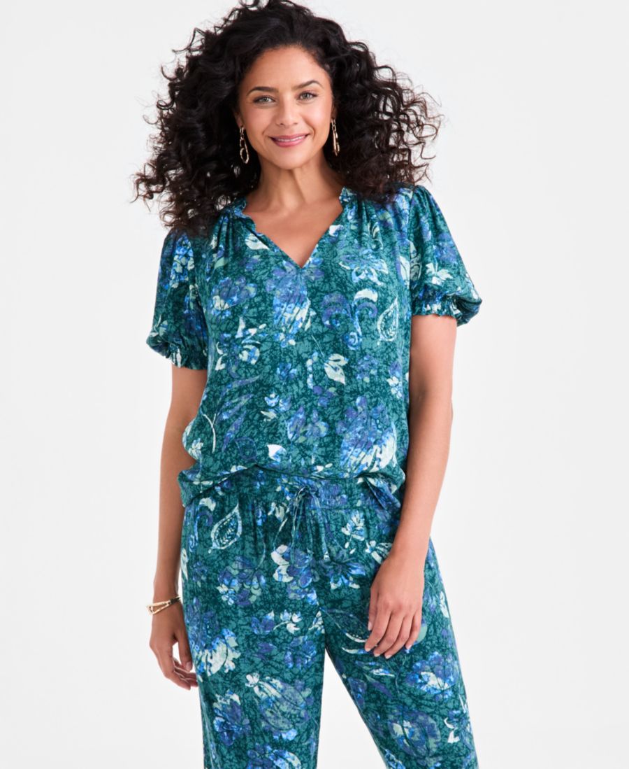 

Женская блузка с принтом и разрезом на воротнике Style & Co, Jungle Floral Sea