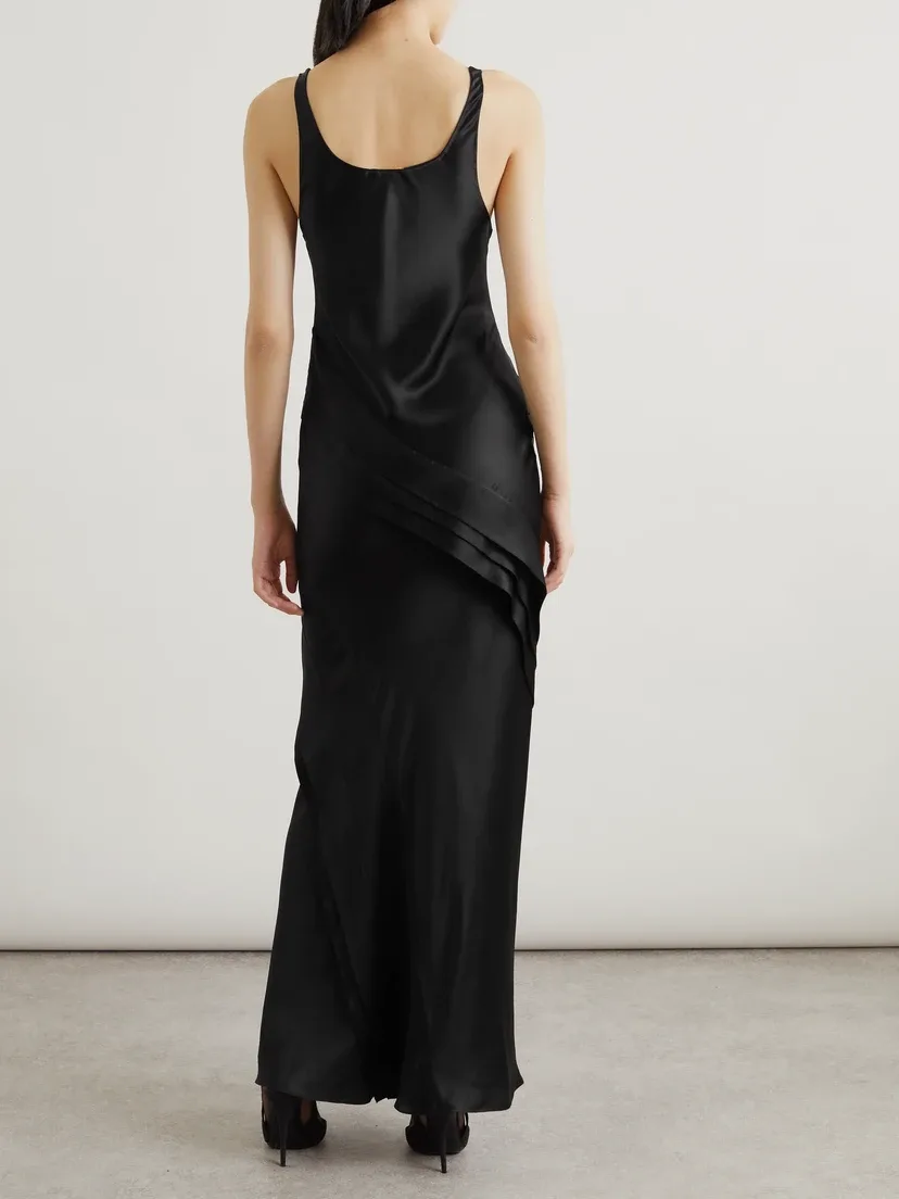 Асимметричное многоярусное макси-платье из шелкового сатина SAINT LAURENT, черный — фото 3