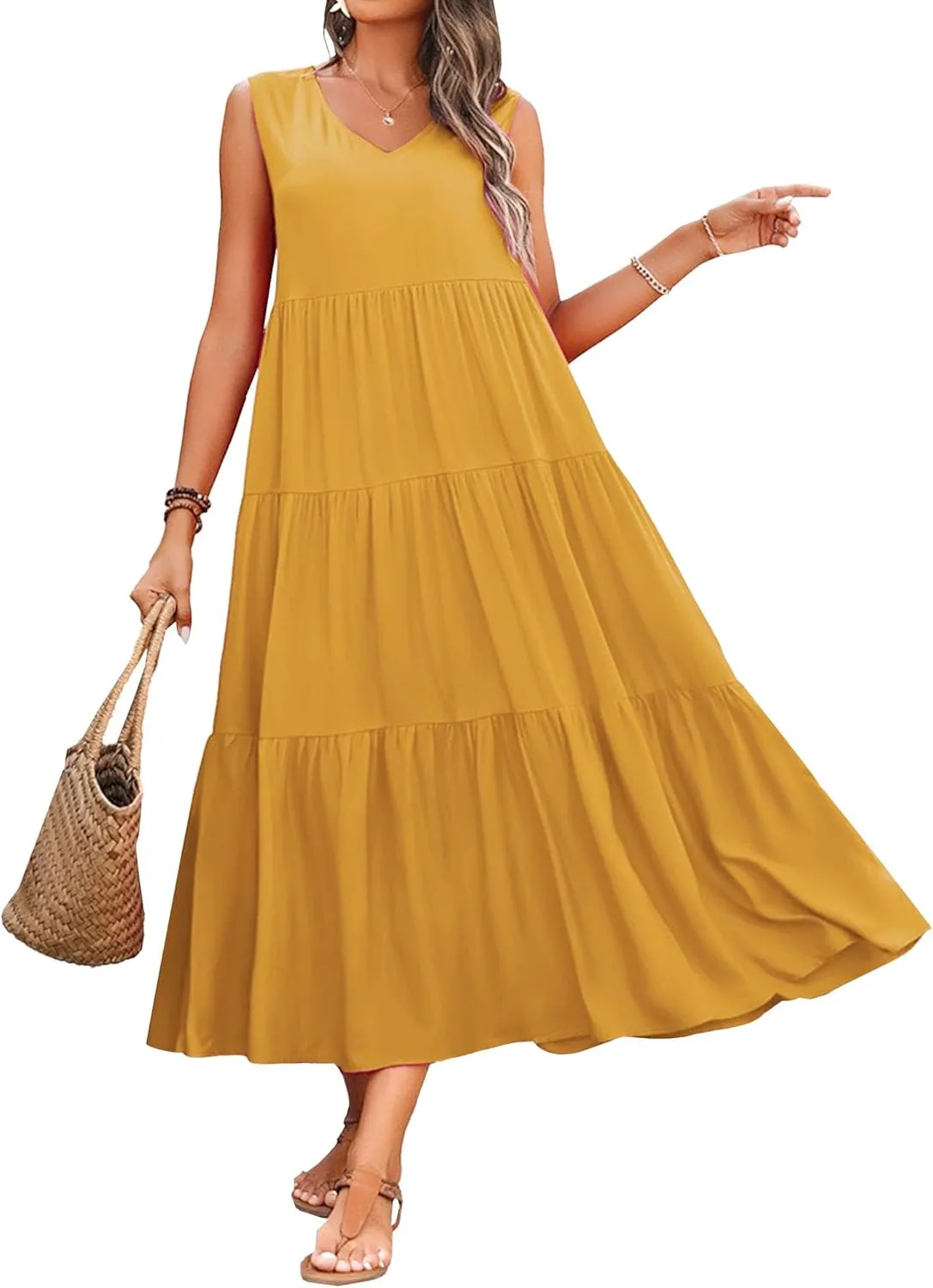 Платья макси для женщин 2025: летнее пляжное платье без рукавов с V-образным вырезом, А-силуэт, длинное платье-майка с карманами Generic, желтый