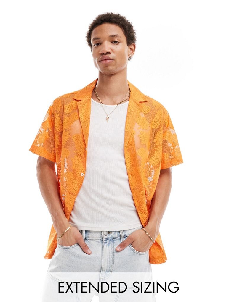 

Рубашка с короткими рукавами ASOS DESIGN из оранжевого кружева с мотивом ананаса и ярко выраженным лацканом