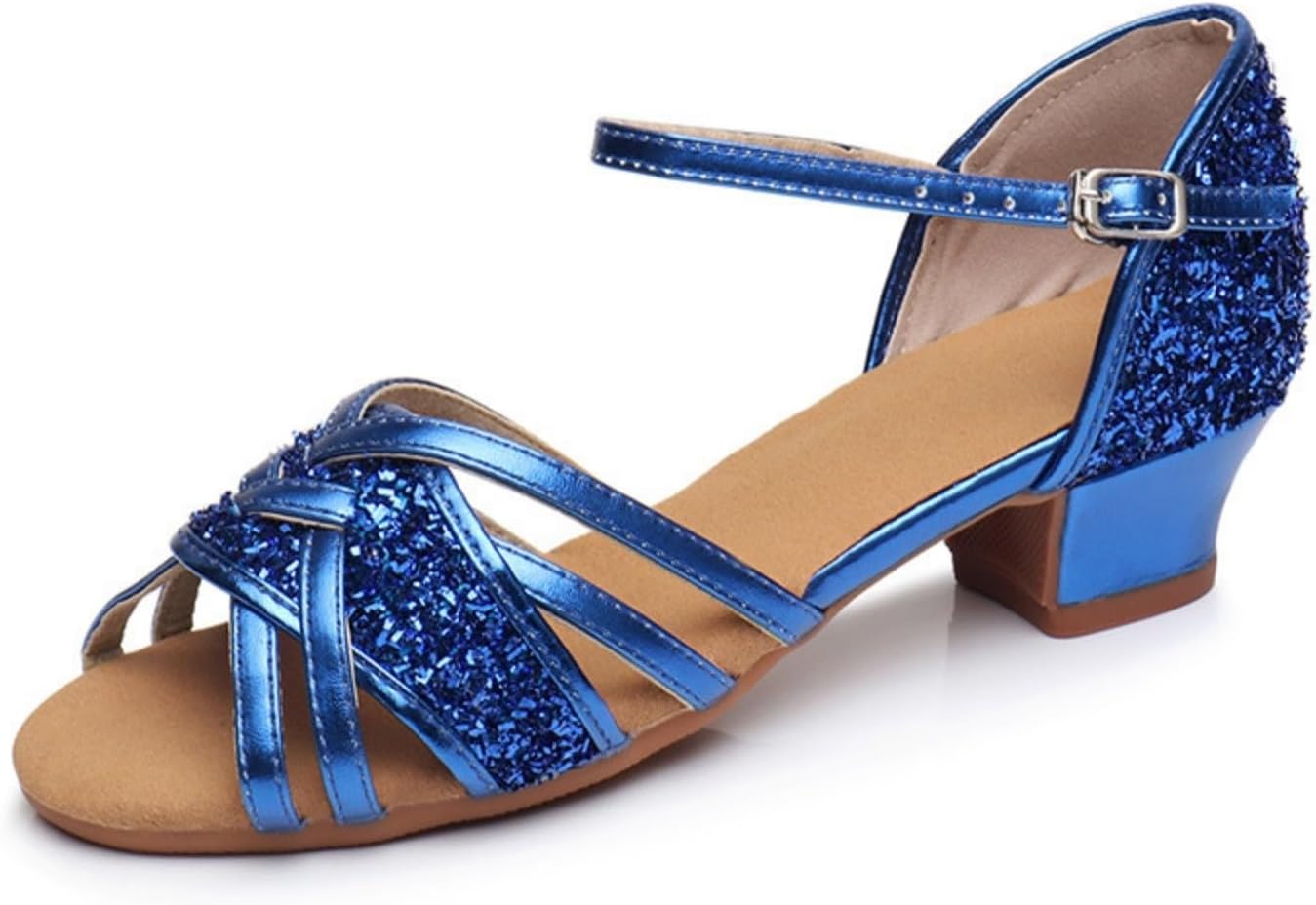 

Детские танцевальные туфли для девочек, латиноамериканские танцы, низкий каблук, для бальными танцев, сальсы и танго, для выступлений и тренировок, загар Generic, синий