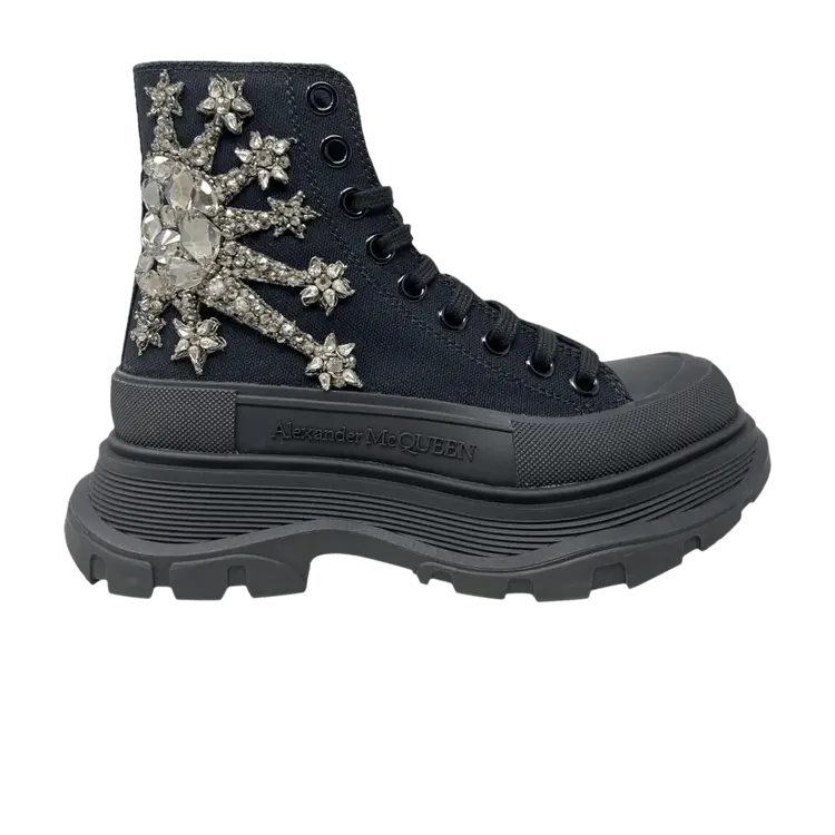 Ботинки Alexander McQueen Wmns Embellished Tread Slick Boot Black Silver, черный