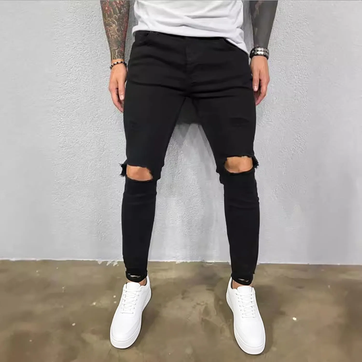 Джинсы скинни рваные Slim Fit, черный — фото 2