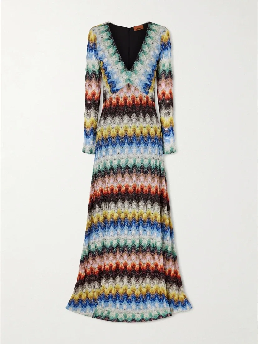 Полосатое макси-платье из металлизированного вязаного крючком трикотажа Missoni, мультицвет