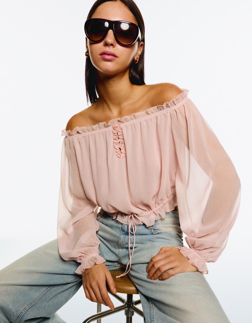 

Блузка с длинным рукавом и галстуком Bershka, розовый