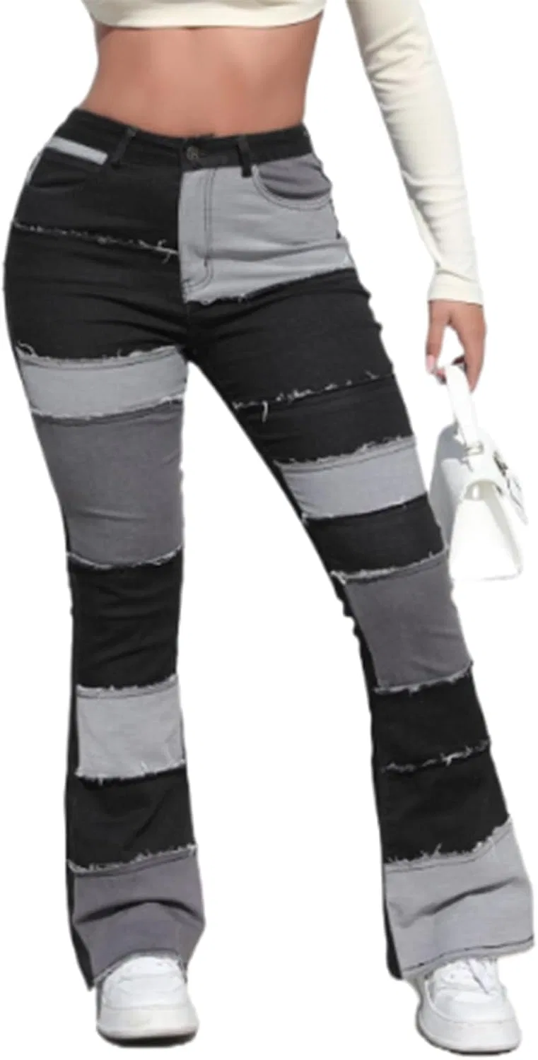 Джинсы расклешенные, Womens Mid Waist Bell Bottom Stretchy Flare Jeans Pants High Waist Baggy Boyfriend Distressed Denim Pants, черный — фото 4