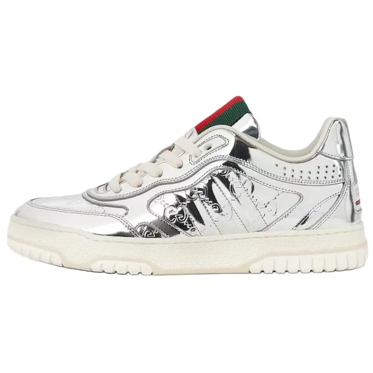 GUCCI Re Web Leather Low top Skateboard Shoes Women's Silver