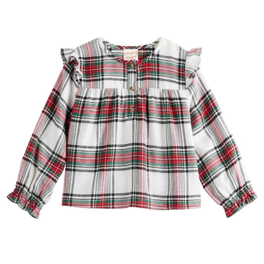 

Тканый топ Jumping Beans с рюшами и плечами для девочек 4–12 лет JUMPING BEANS, цвет Ivory Holiday Plaid