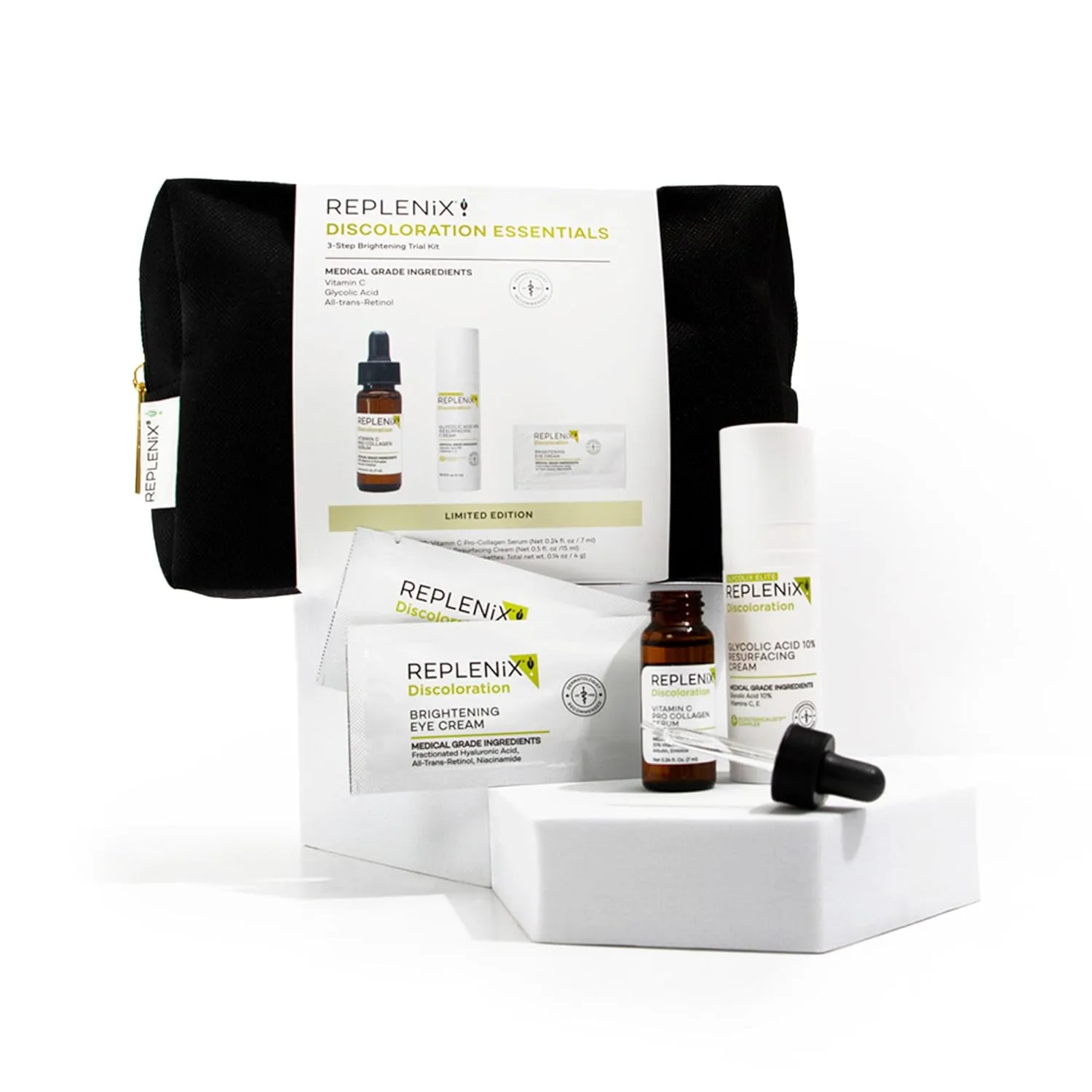 Replenix Discoloration Essentials 3 Step Brightening Medical-Grade Trial Kit: гликолевый крем, сыворотка с витамином C и крем для глаз