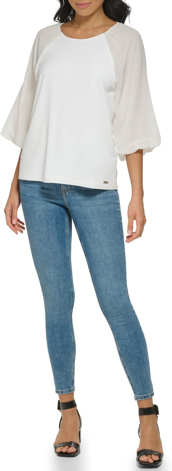 

Женская блузка Calvin Klein свободного кроя из матового джерси с рукавами-фонариками и комбинированным кроем, Soft White