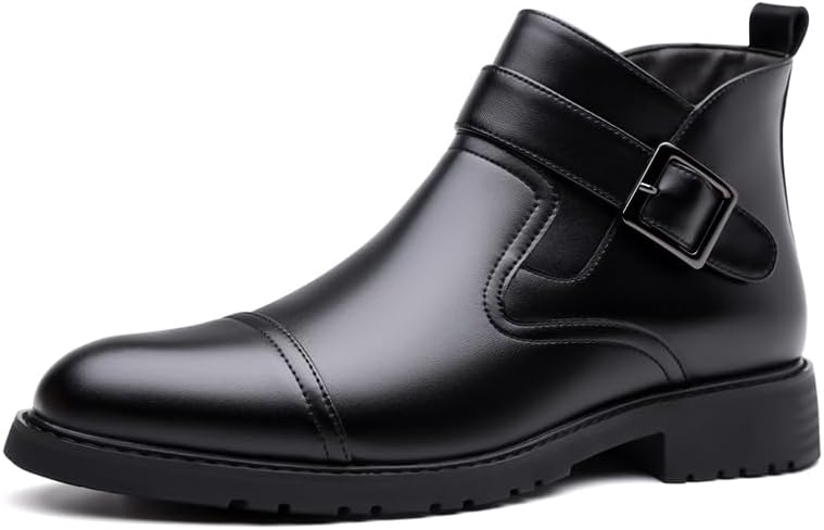 

Мужские ботинки Челси из натуральной кожи с низким каблуком, модные с боковой молнией, удобным носком, нескользящим каблуком, для формальных, деловых, свадебных и вечерних мероприятий, высокие ботинки Lhyxu, черный