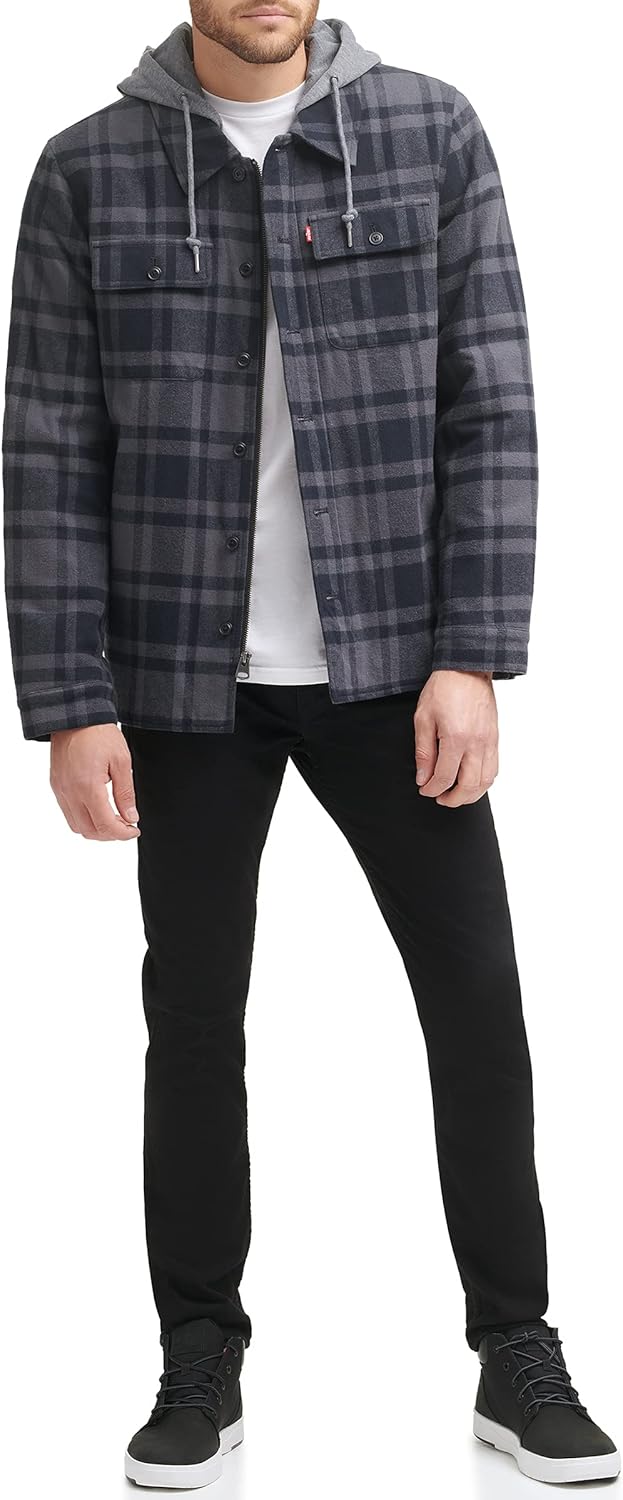 Мужская клетчатая куртка-рубашка Levi's с капюшоном и подкладкой из шерпы (стандартные размеры, большие и высокие), Grey/Navy Plaid — фото 3