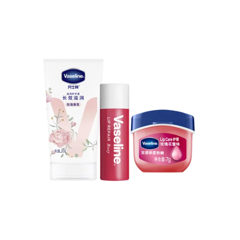 Vaseline Набор для увлажнения и ухода за кожей с успокаивающим эффектом 100 мл+7 г, Three-Piece Set: Rose Fragrance Hand Cream 50ml+Rose Lip Balm 7g+Rose Lip Gloss 3.5g