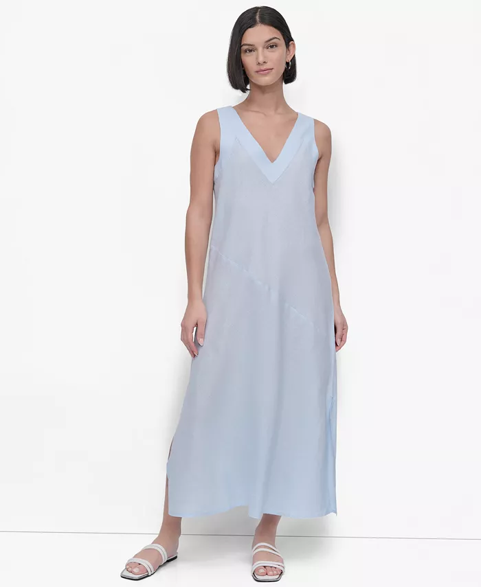 

Женское льняное платье миди с V-образным вырезом и вставками DKNY, синий