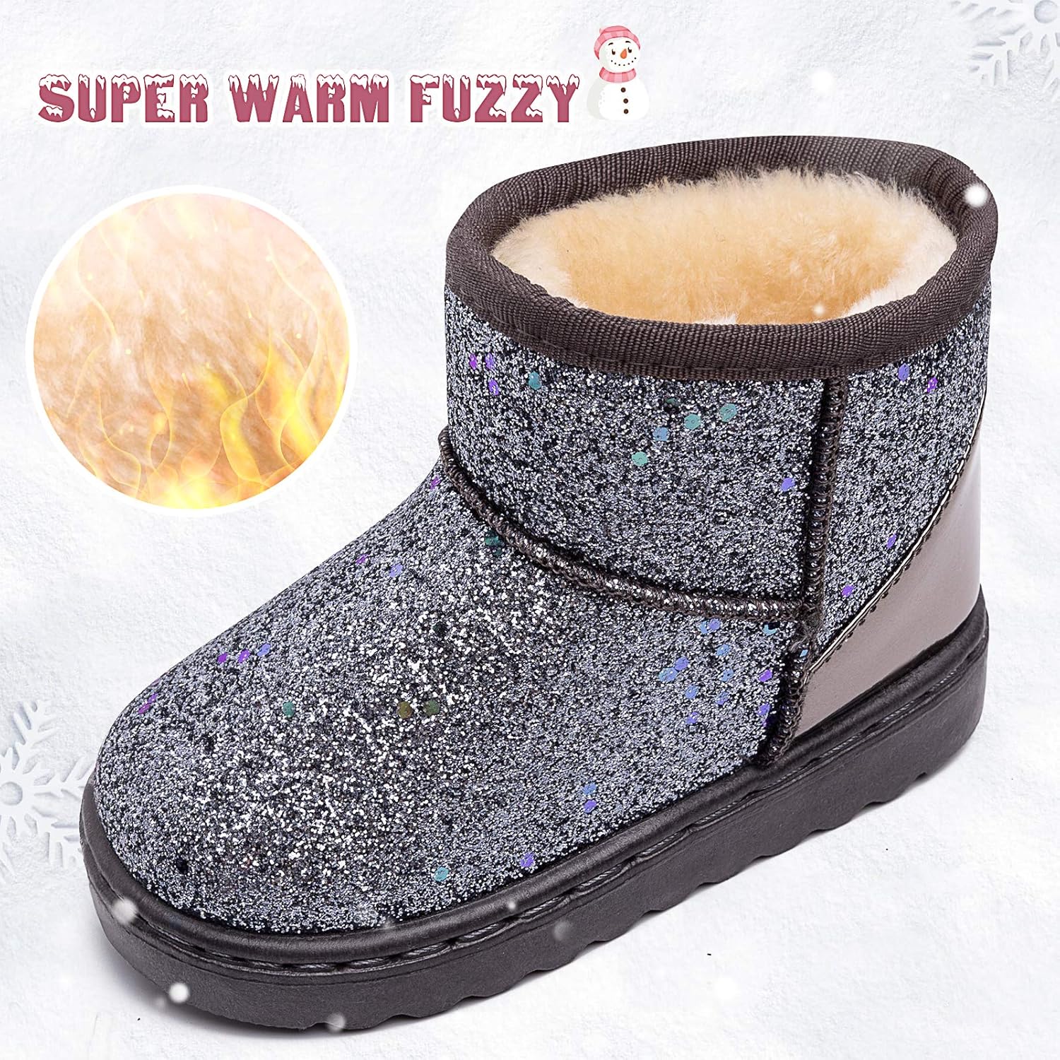 Techcity Boys Girls Winter Warm Snow Boots Sequin Fur Lined Waterproof Boot Glitter Princess Outdoor Shoes(Toddler/Little Kid), Glitter Grey — фото 3