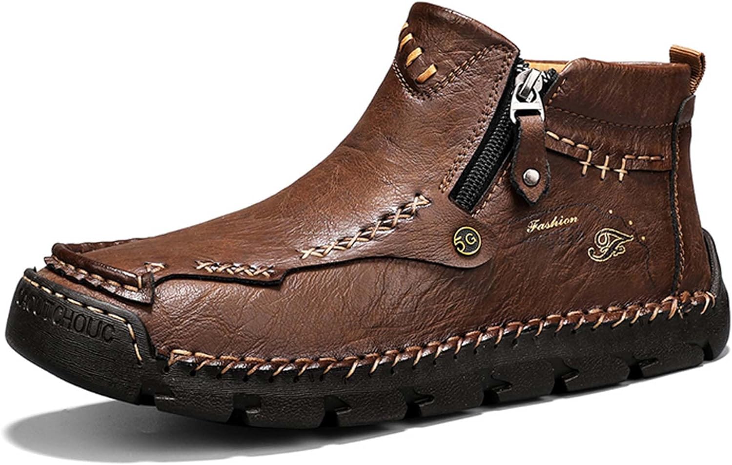 

Мужские кожаные прогулочные туфли, винтажный рабочий стиль с текстурным дизайном, полуботинки для мужчин, короткие повседневные ботинки, усиленная прошитая подошва, мягкие, удобные, противоскользящие, прочные Vtiao, темно-коричневый
