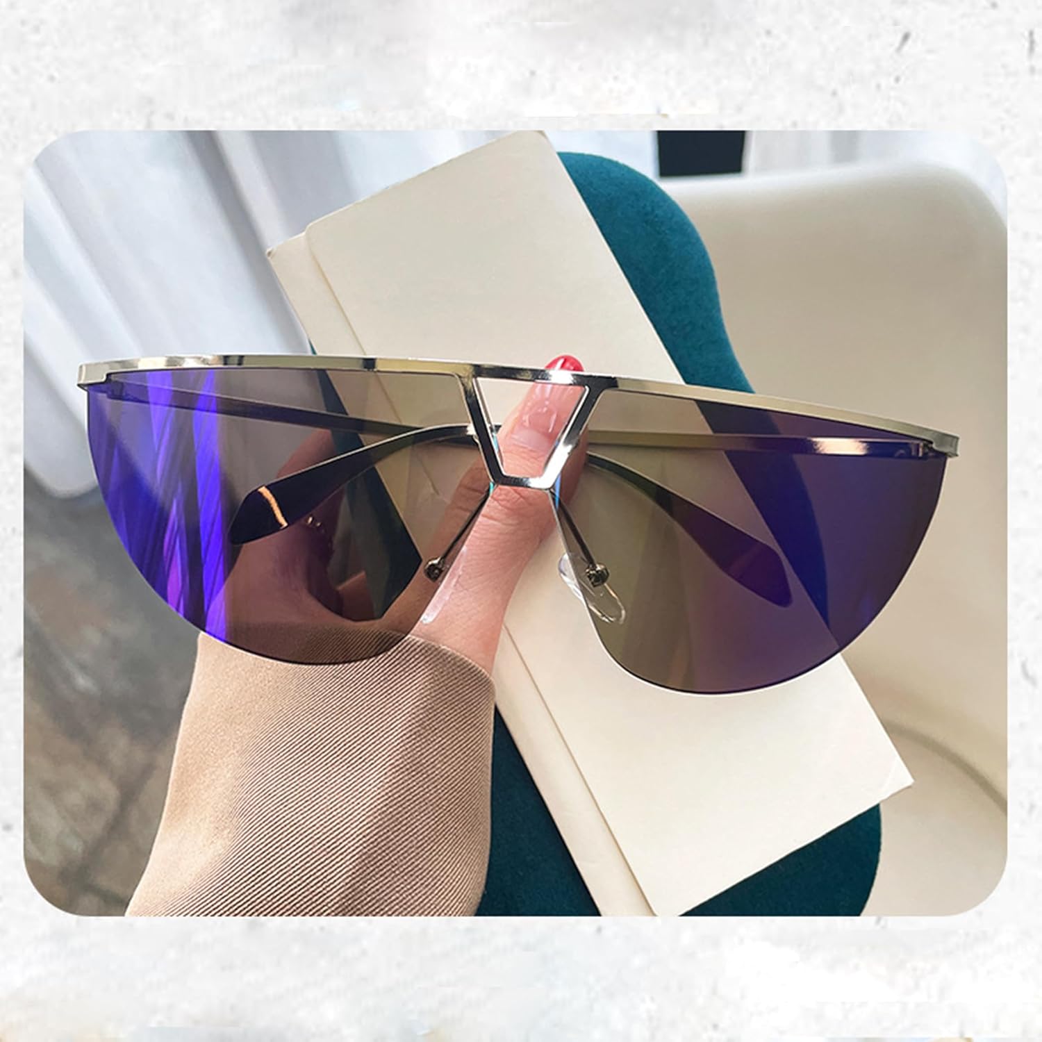 

Солнцезащитные очки Bullabulling Y2K с обтекаемой формой для женщин и мужчин, солнцезащитные очки с плоской верхней частью, футуристические безрамочные солнцезащитные очки с градиентными линзами, Silver/Blue