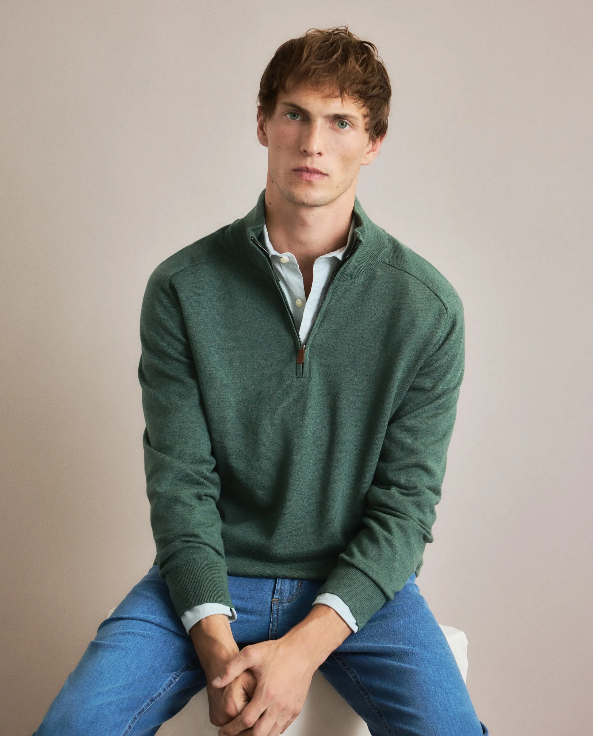 

Мужской джемпер с полукруглой молнией, гладкий, из мериносовой шерсти Emidio Tucci, темно-зеленый