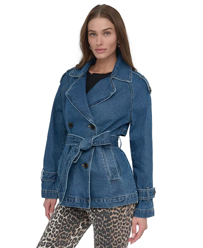 

Женское короткое двубортное пальто с поясом DKNY, синий
