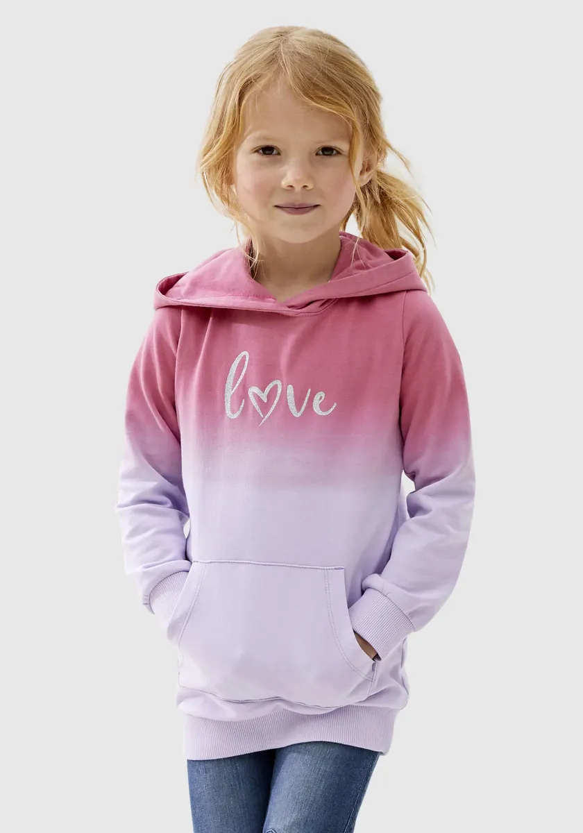 

KIDSWORLD длинный свитшот "LOVE", градиентного цвета, с капюшоном, цвет Pink-Flieder