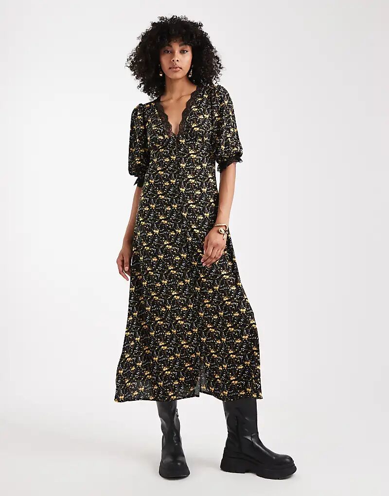 

Платье макси Miss Selfridge с кружевной отделкой на пуговицах, черное, в мелкий узор