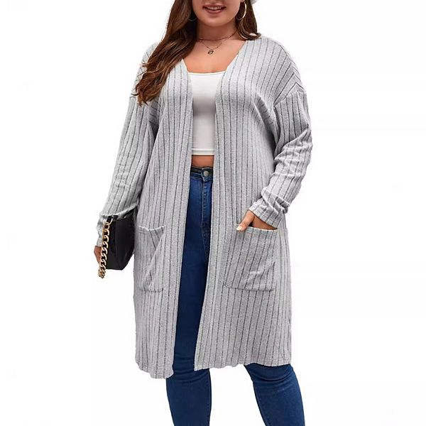 

Женский длинный кардиган с карманами и ребристыми рукавами Kojooin, Grey