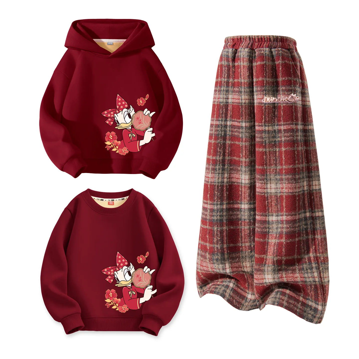 Disney Kids Tang Suits Crew Neck Thickness, [Thickened and Fleece-Lined]Di Group Fan Dai_Bottom Right Burgundy+Di Long Metal Label K Red Plaid+Di Group Fan Dai_Bottom Right Burgundy