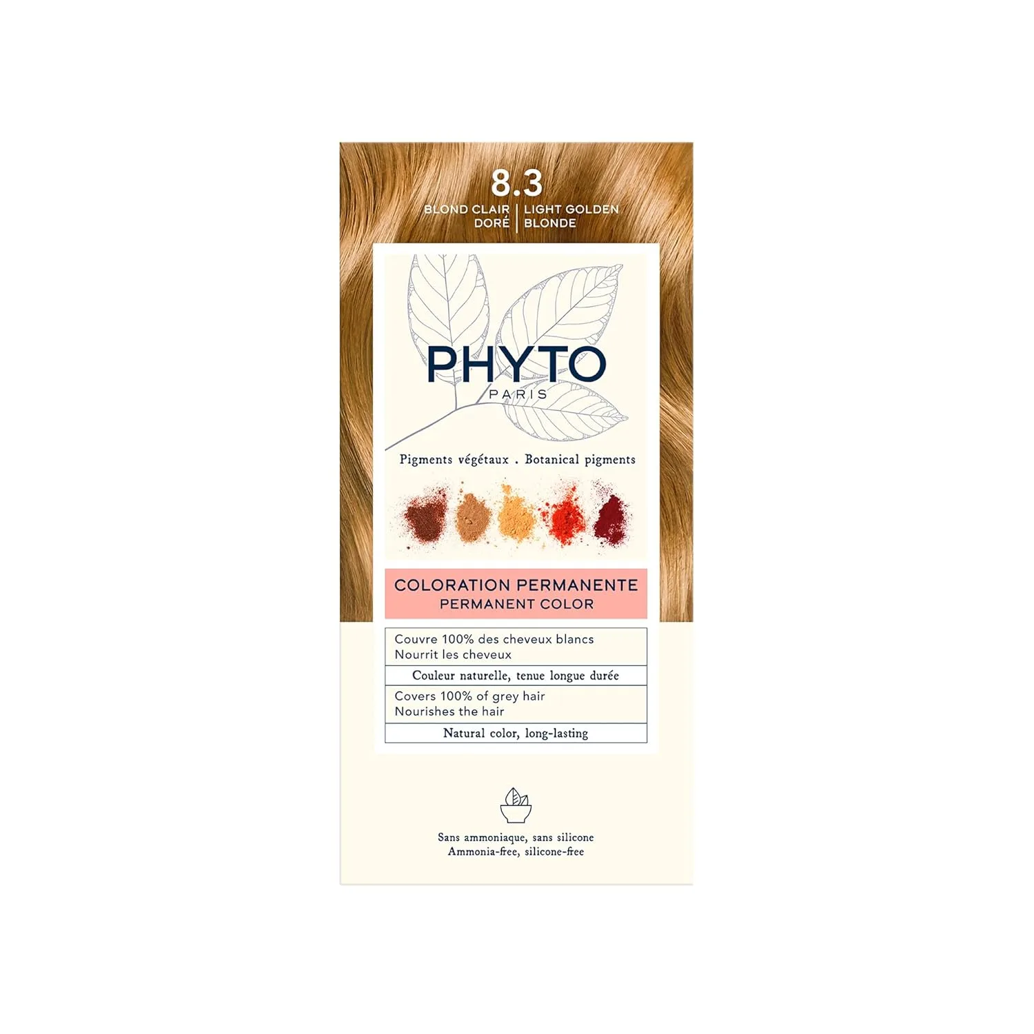 Стойкая краска для волос PHYTO Phytocolor с растительными пигментами, 100% закрашивание седых волос, без аммиака, без PPD, без резорцина, 0,42 унции. 11.91 г (1 шт.), 8.3 Light Golden Blonde