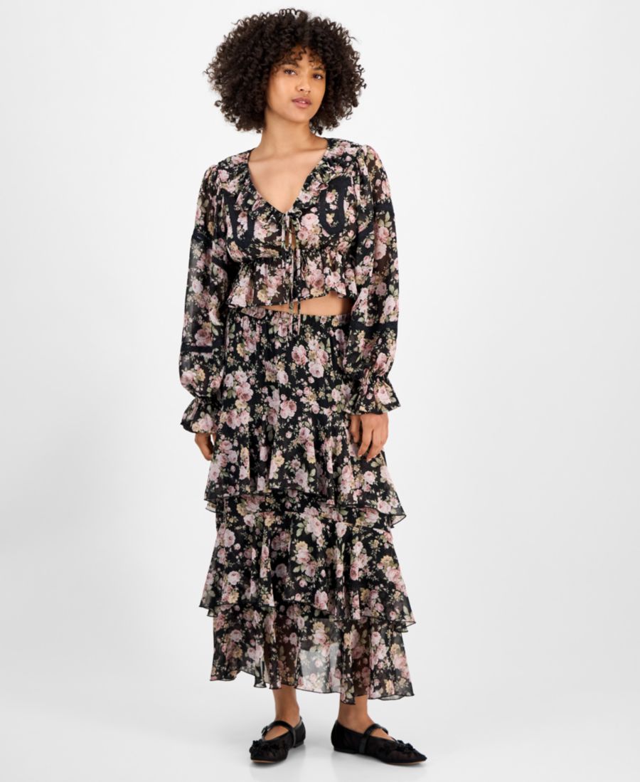 

Женская многоярусная юбка миди с оборками, размеры PXXS-XXL And Now This, Black Floral