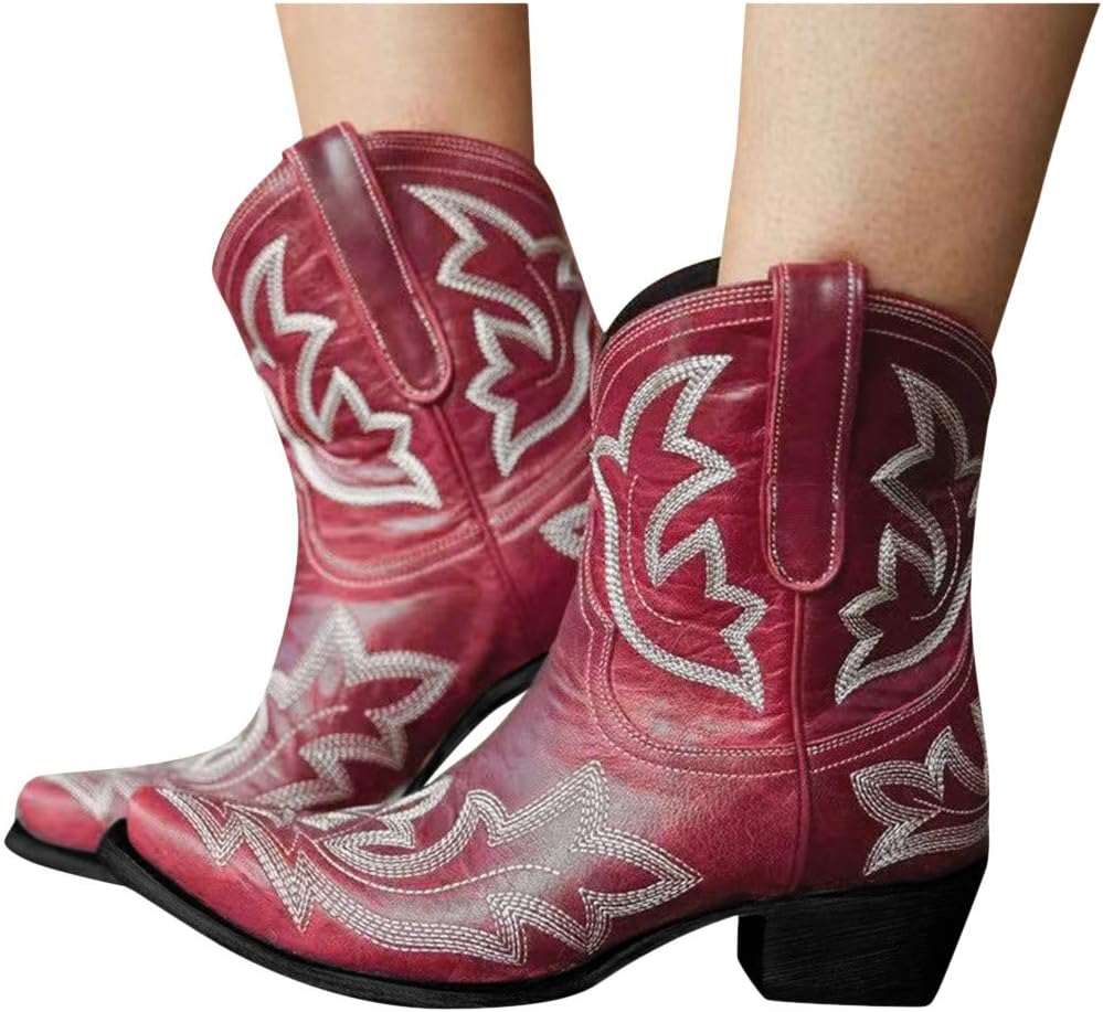 

Женские ковбойские ботинки Hbeylia Винтажная вышивка, заостренный носок, массивные средние каблуки, западные ковбойские ботинки, ретро, слипы, широкие ботинки до середины голени, для езды, ботильоны для рыцарей, красный