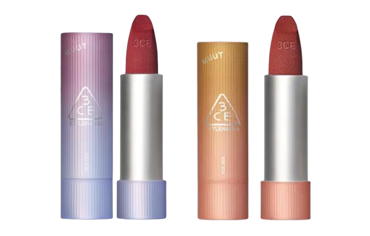 Набор матовых помад для губ 3CE x MUUT Cashmere Hug Lipstick #14 Nude Brown, 35 г + #12 Pink Mist Sea, 35 г — фото 4