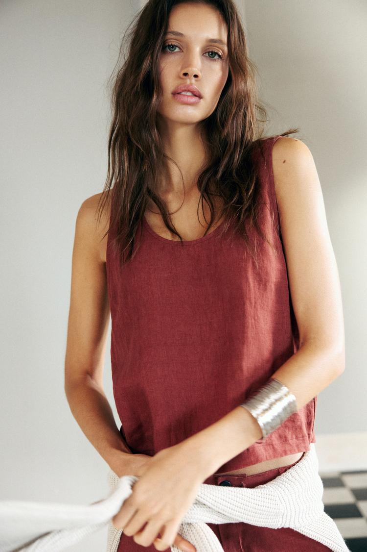 

Струящийся топ из 100% льна Pull And Bear, коричневый