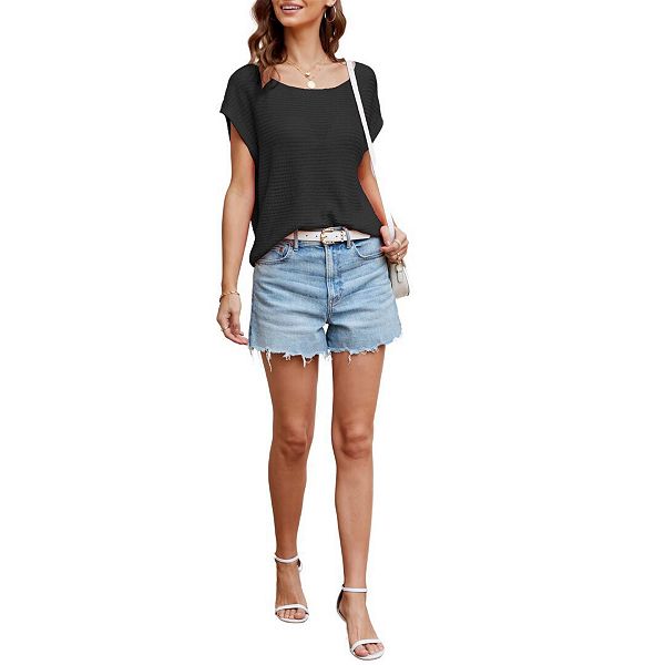 

Женский короткий рукав свитер с кружевной вязкой трендовая полая горловина богемная повседневная блузка Yesfashion, Black