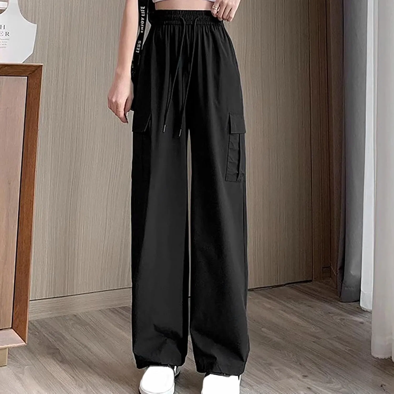 Женские брюки-карго Akklian Fashion, свободные, модные, в стиле Y2k, уличная одежда, повседневные, с широкими штанинами, эластичным поясом и высокой талией, для походов и активного отдыха, черный — фото 4