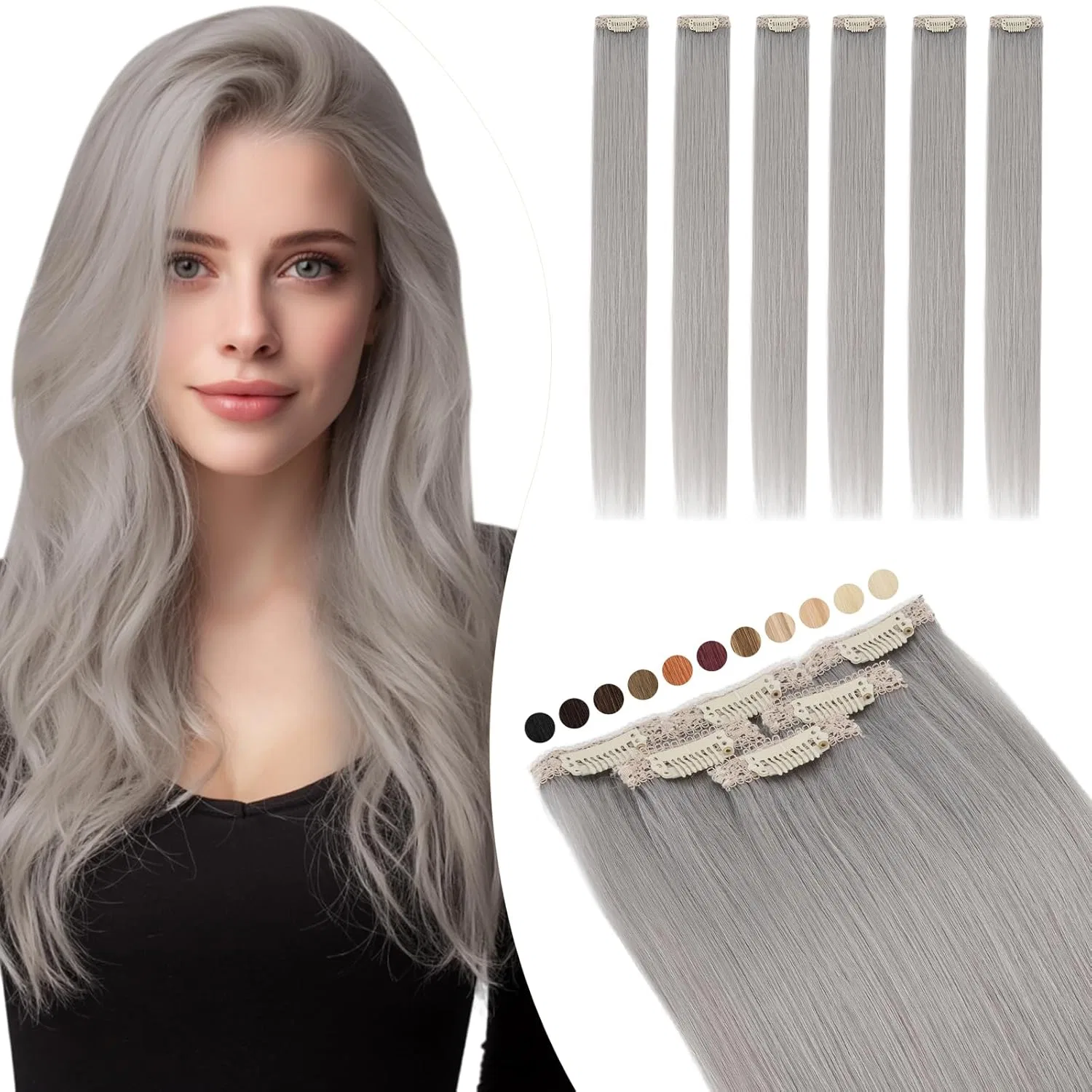Наращивание волос на заколках Elailite из натуральных волос, светло-серый Elailite, # Light Grey