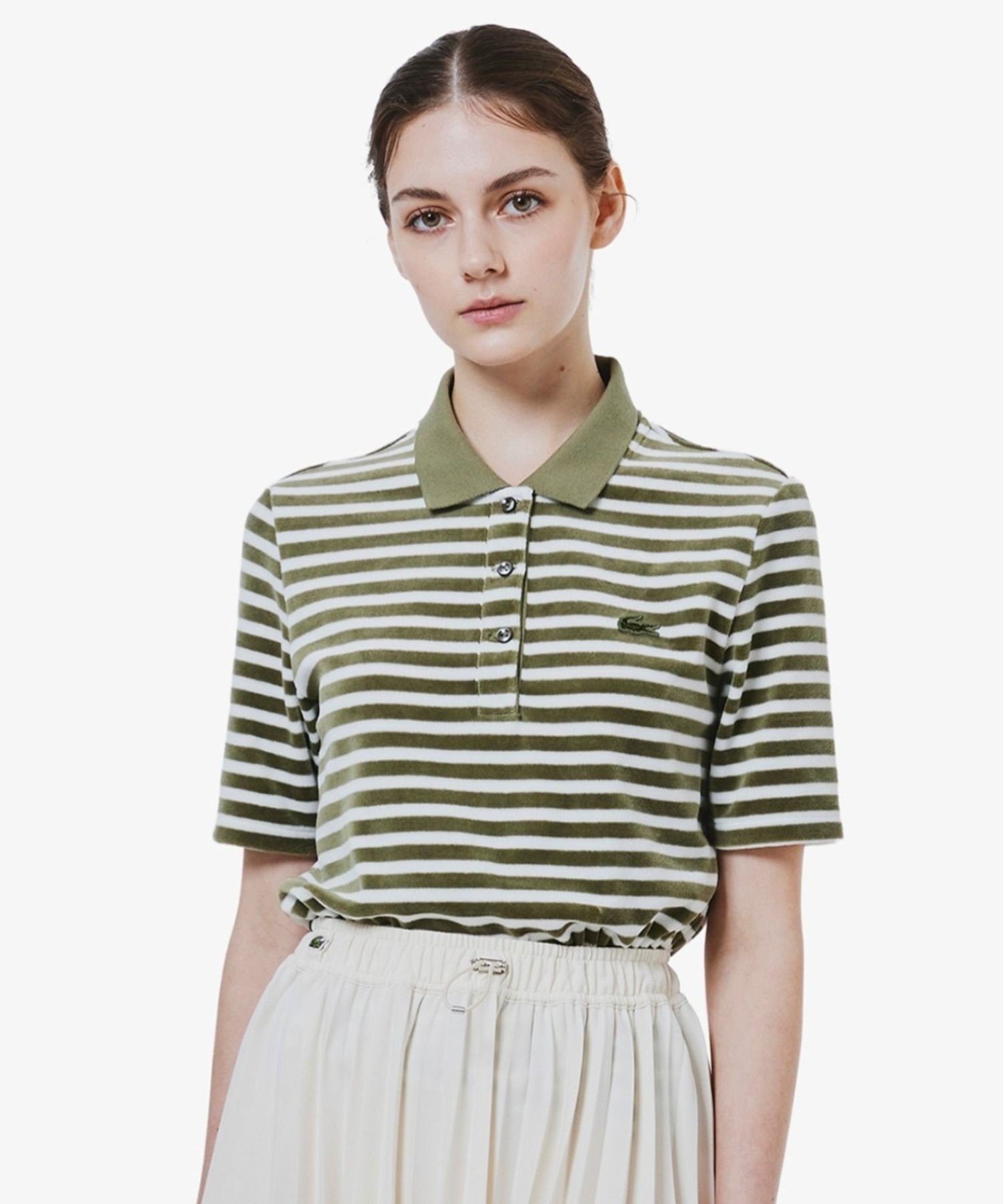 Поло Lacoste в полоску, велюр, оливковый