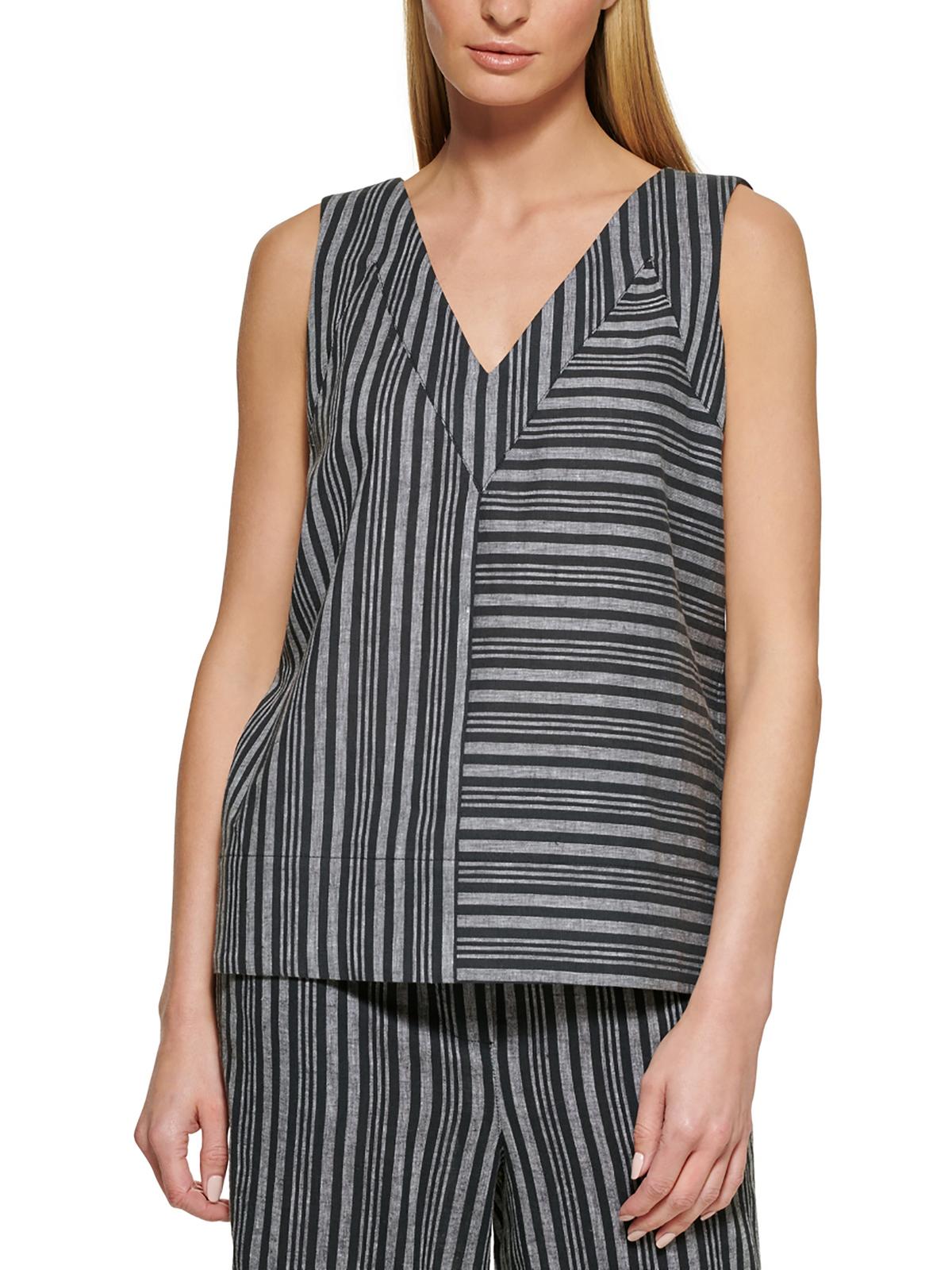

Женский полосатый льняной пуловер-топ DKNY, цвет black/ice gray multi