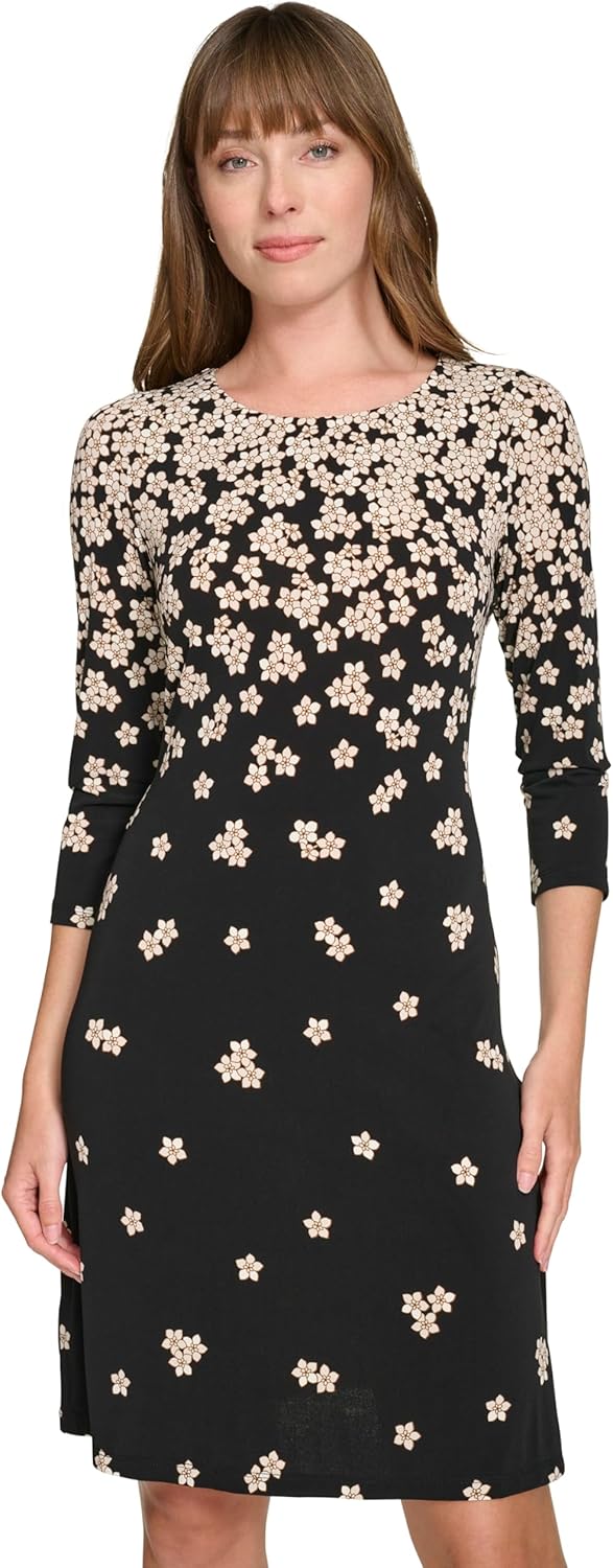 Женское мини-платье-футляр Tommy Hilfiger с рукавами 3/4 и круглым вырезом, Black/Cream Multi — фото 2
