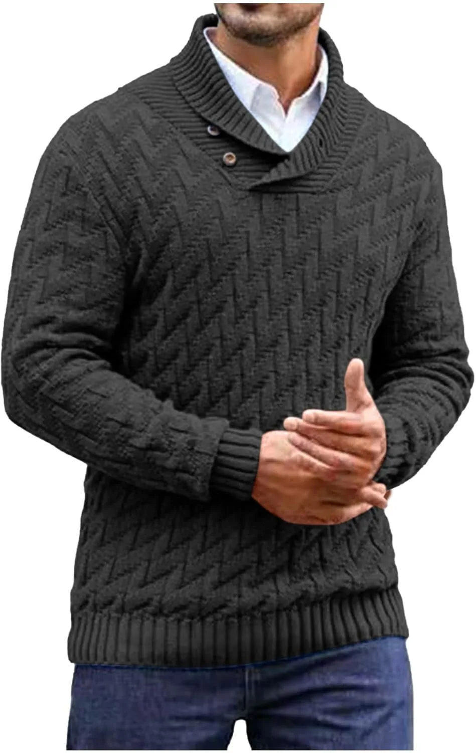 

Мужской свитер с кабельной вязкой и воротником-стойкой QUNPIU