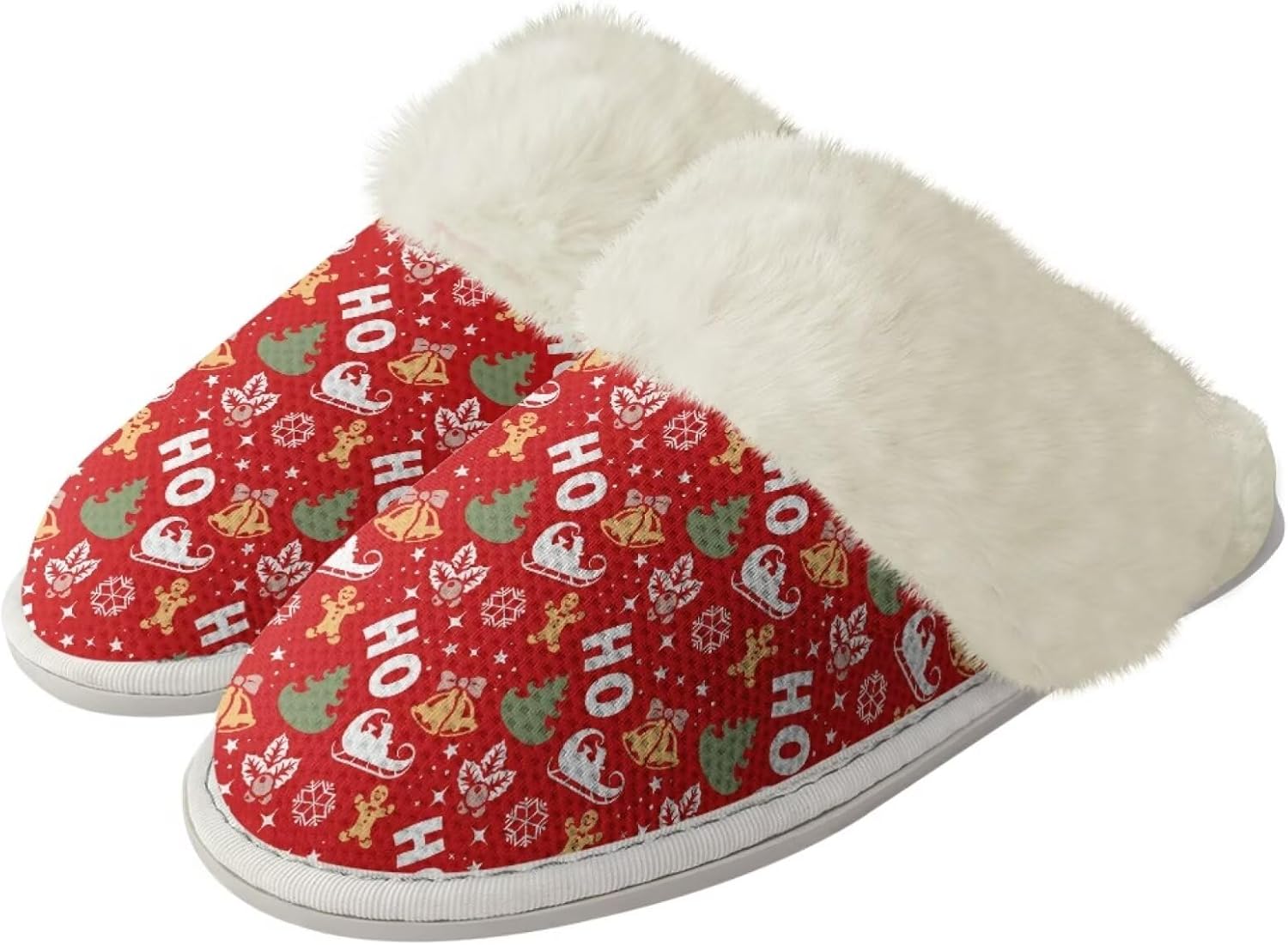 

Мягкие тапочки для женщин и мужчин, плюшевые теплые тапочки, уютные домашние тапочки для спальни с пушистым воротником Jiquruby, Christmas Print